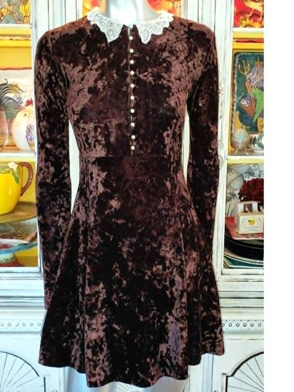 Vintage Betsey Johnson 90s Y2K Brown Crushed Velvet Victorian Pearl Skater Dress - Picture 2 of 15